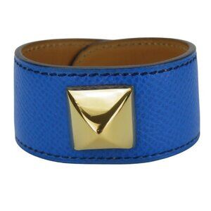 Hermes Bracelet Medor Leather Metal Blue Gold Hardware Accessories Small